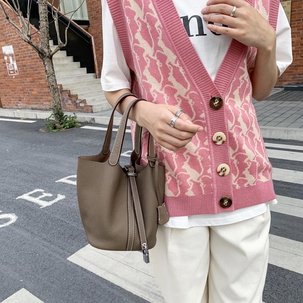 Damenhandtasche Togo-Leder Farbabstimmung Gemüsekorb Große Kapazität Handtasche Rindsleder Litschi-Muster Tasche Damen Kontrastfarbe Handtasche