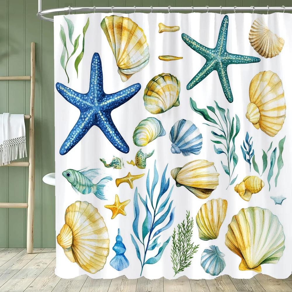 Cute Cartoon Ocean, Starfish, Shells Dolphin Printed Shower Curtain With Hooks, Bathroom Curtain, Bathroom Decor Window Curtain
