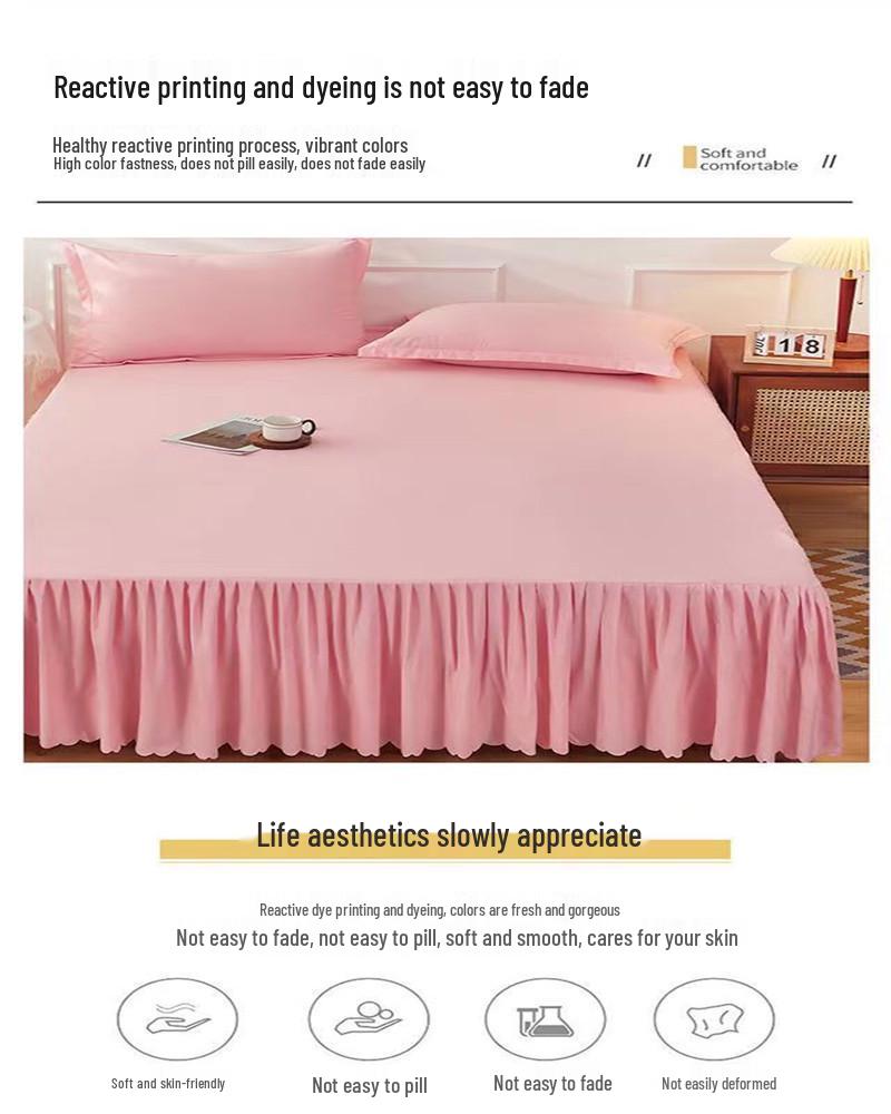 Korean Skin-Friendly Bed Skirt: Brushed Solid Color, Four Seasons, Anti-Pill, Fade & Shrink Resistant