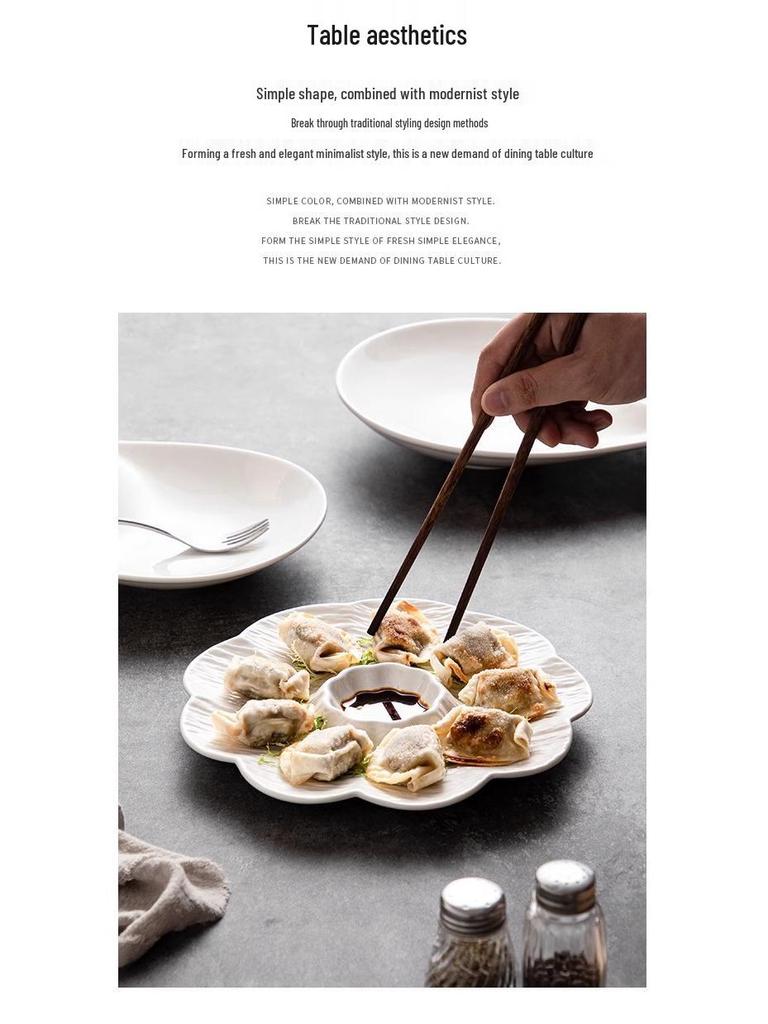 White Ceramic Divided Plate with Vinegar Dish for Dumplings, Shrimp, Breakfast, or Fries