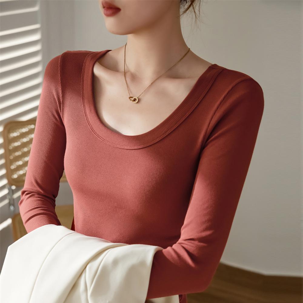 New Autumn and Winter Pure Cotton Long-sleeved T-shirt for Women Korean Style Slim Slim T-shirt Top Solid Color Versatile Base Shirt
