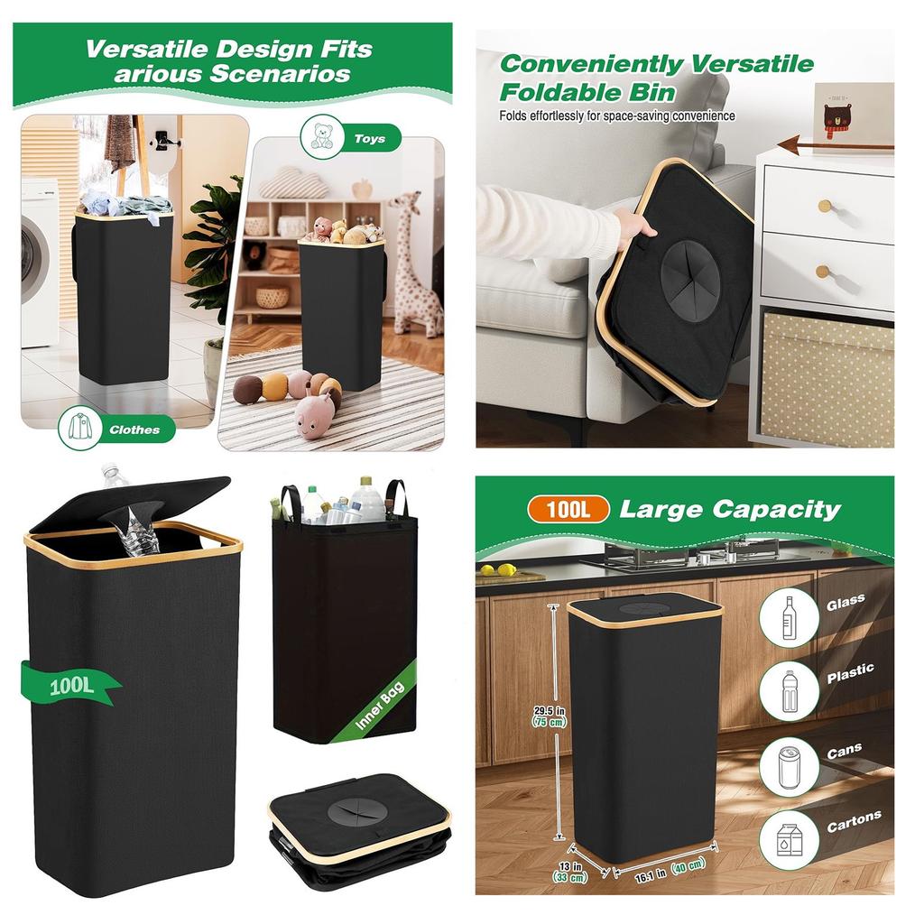 Large-capacity Storage Box with Inner Bag, Foldable, for Bottles, Clothes, Toys, Recyclable Waste, Laundry Basket, 24/100L