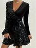 2025 Autumn/Winter V-neck Sequin Waist-cinching Short Dress - One Size in Stock