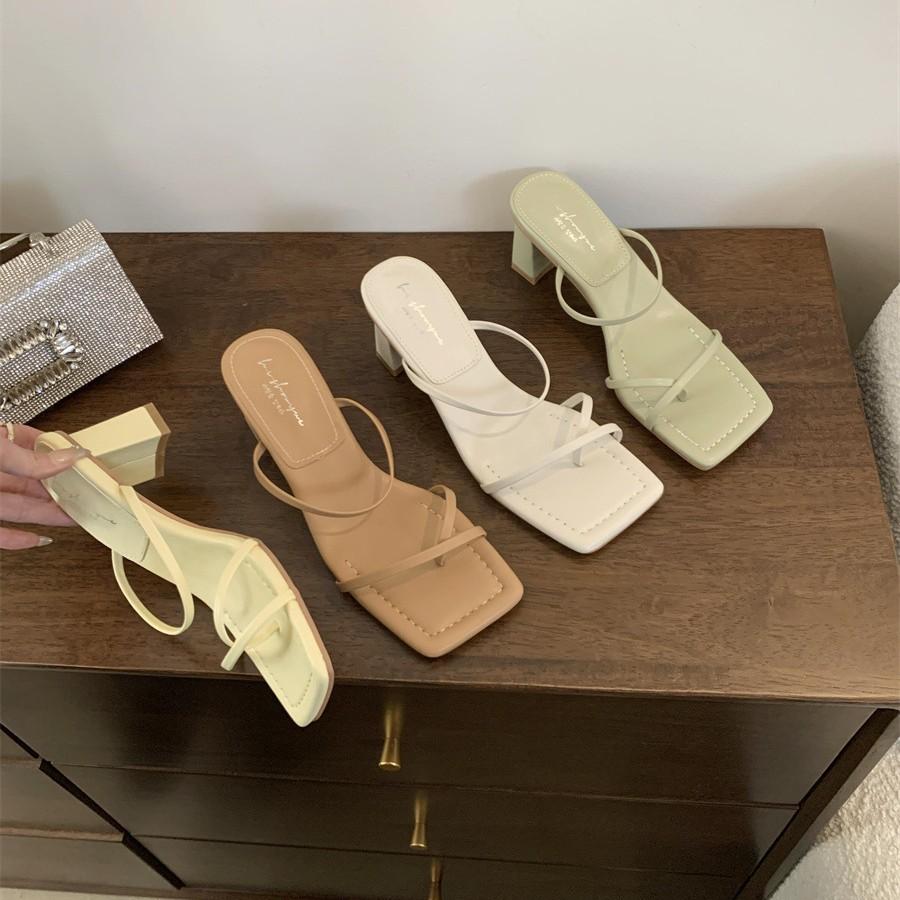 High-Heeled French Niche Square Head Cool Slippers, Roman Thin Strap Thick-Heeled Sandals For Summer Fashion