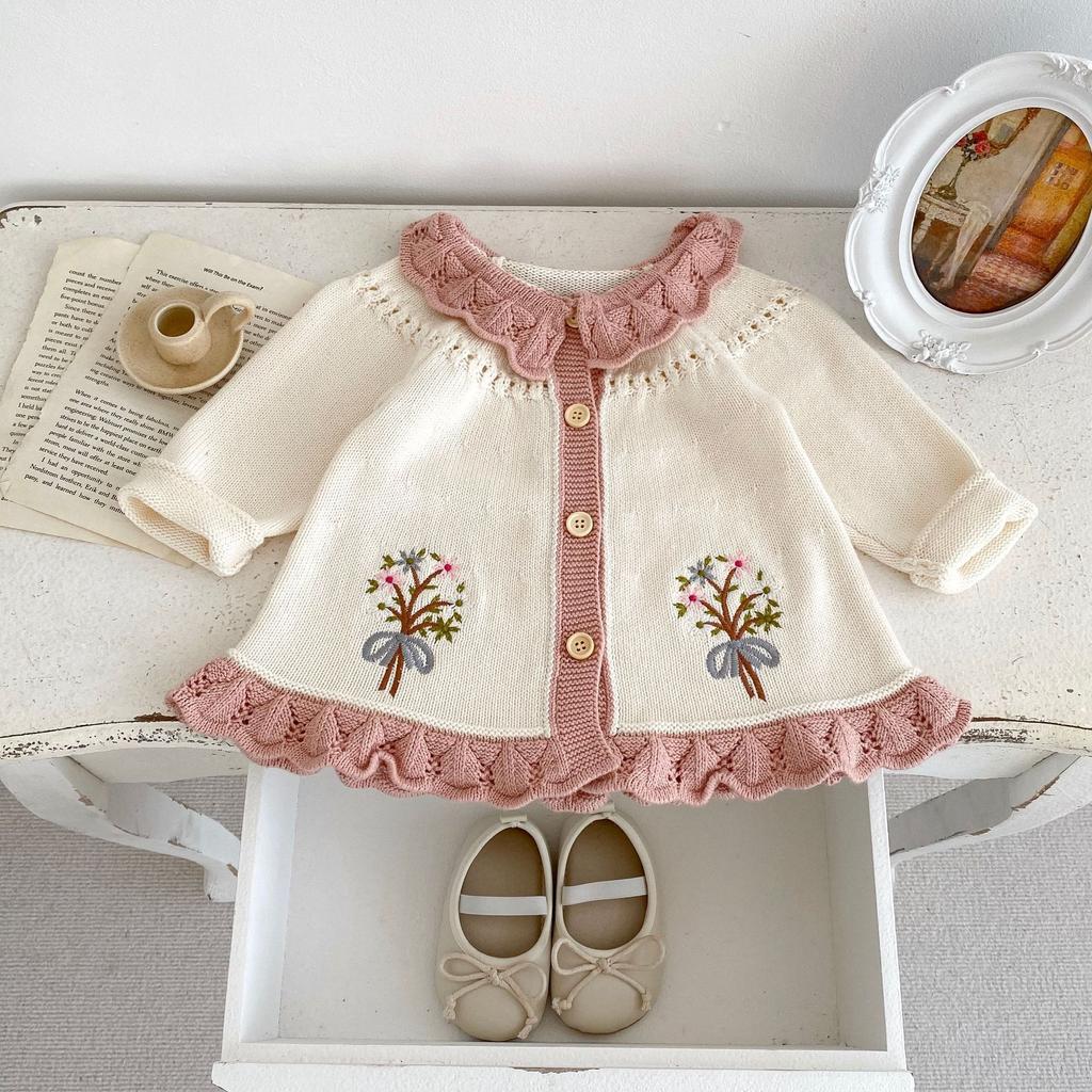 Girls Spring Autumn Long Cardigan with Floral Embroidery Ruffled Collar and A-Line Silhouette