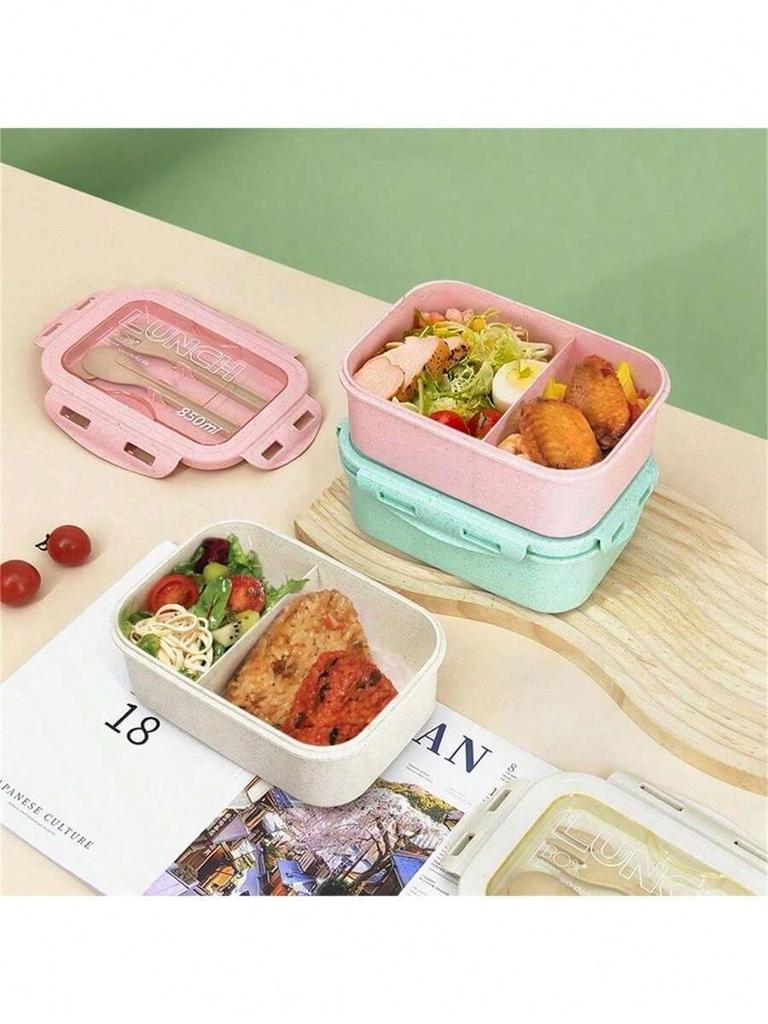 1pc lunch box with two compartments, built-in cutlery set, reusable and microwave heated (with lid removed), suitable for kitche