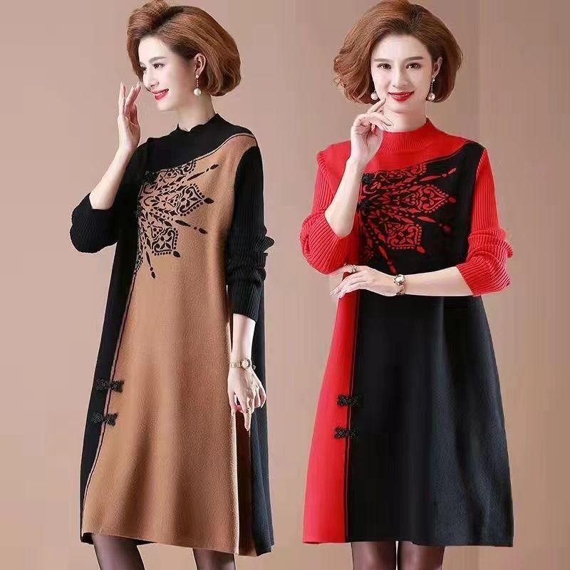 Women's Plus Size Knit Dress Autumn Winter Color-Block Loose Knit Sweater Dress Long A-Line Knit Dress