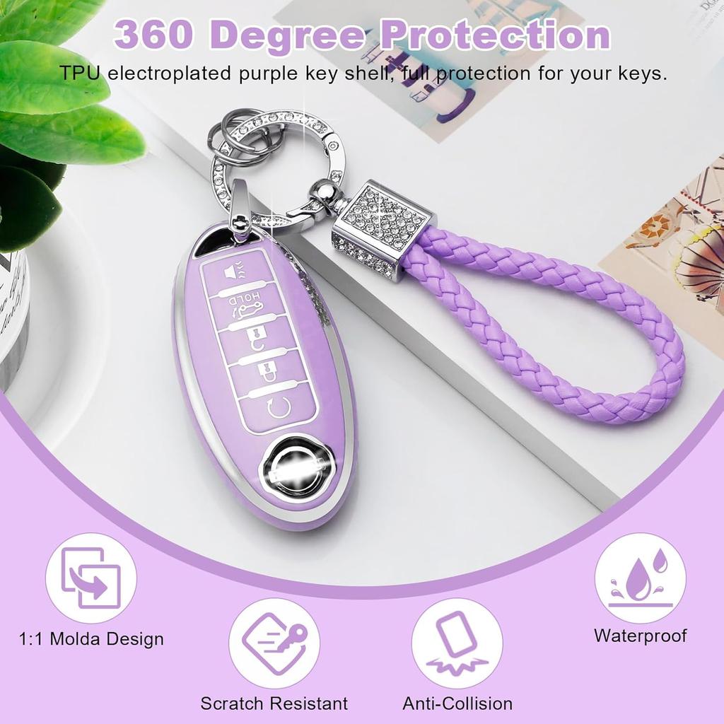 PIFOOG Key Fob Cover For Nissan 5 Button Purple With Bling Keychain Girly Car Keys Case Shell Full Covers Protector Accessories For Altima Sentra