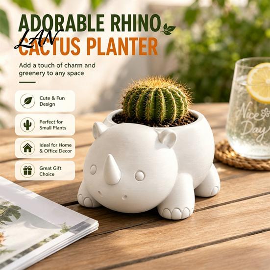 Desktop Plant Container Cute Rhinoceros Planter, 3D Printed Rhino Flower Pot, Animal Pot Decorative for Succulents Cactus Houseplants Unique Gardening