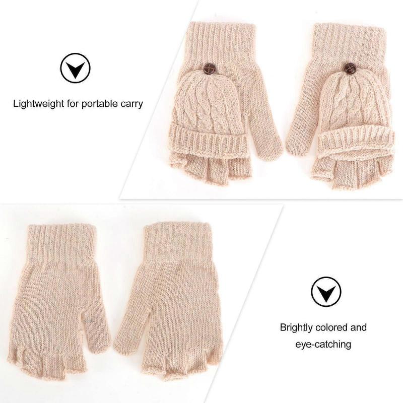 Women Winter Warm Wool Knitted Convertible Fingerless Gloves With Mitten Cover (Beige)