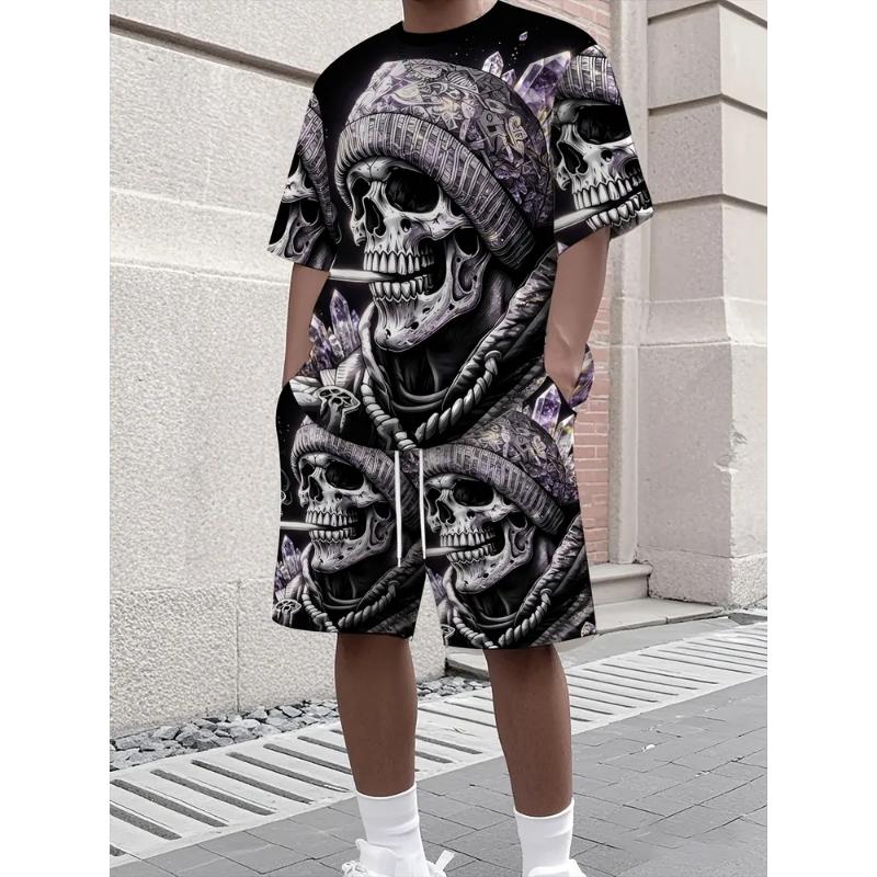 Fashion Men's Casual Suit T-shirt Shorts Two-piece Set Summer Simple 3D Printing