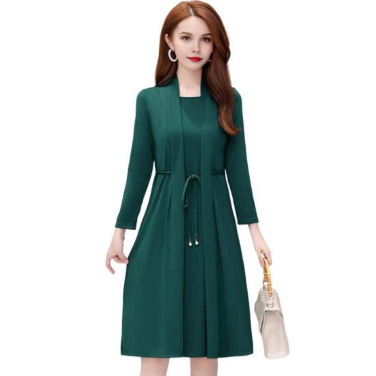 Elegant Plus Size Lady Dress Formal Office Commuting Midi Dress Long Sleeve A-line Lace-up Strap Fake Two-piece Style