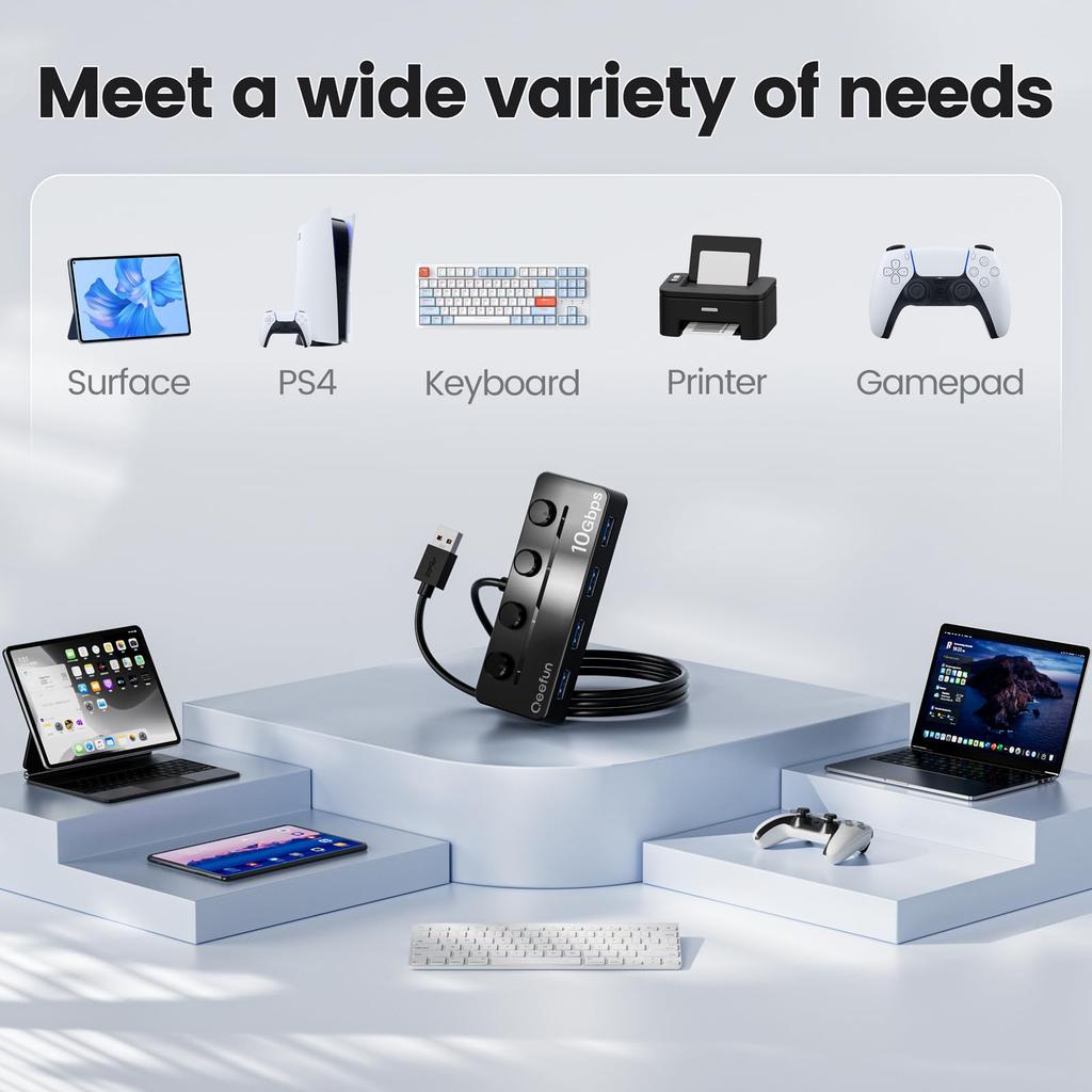 Qeefun USB Hub with Individual LED Power 10Gbps Data Extension Multiple USB Extender for USB Flash and More 4-Port 3.2 Switch, Transfer, 1.2M Cable,