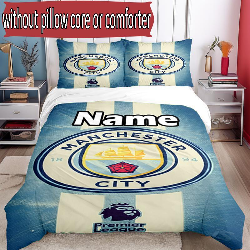 3pcs Duvet Cover Set (1*Duvet Cover + 2*Pillowcase, Without Core), Custom Name Manchester City FC Pattern Bedding Set, Home Bedroom Decor Gift
