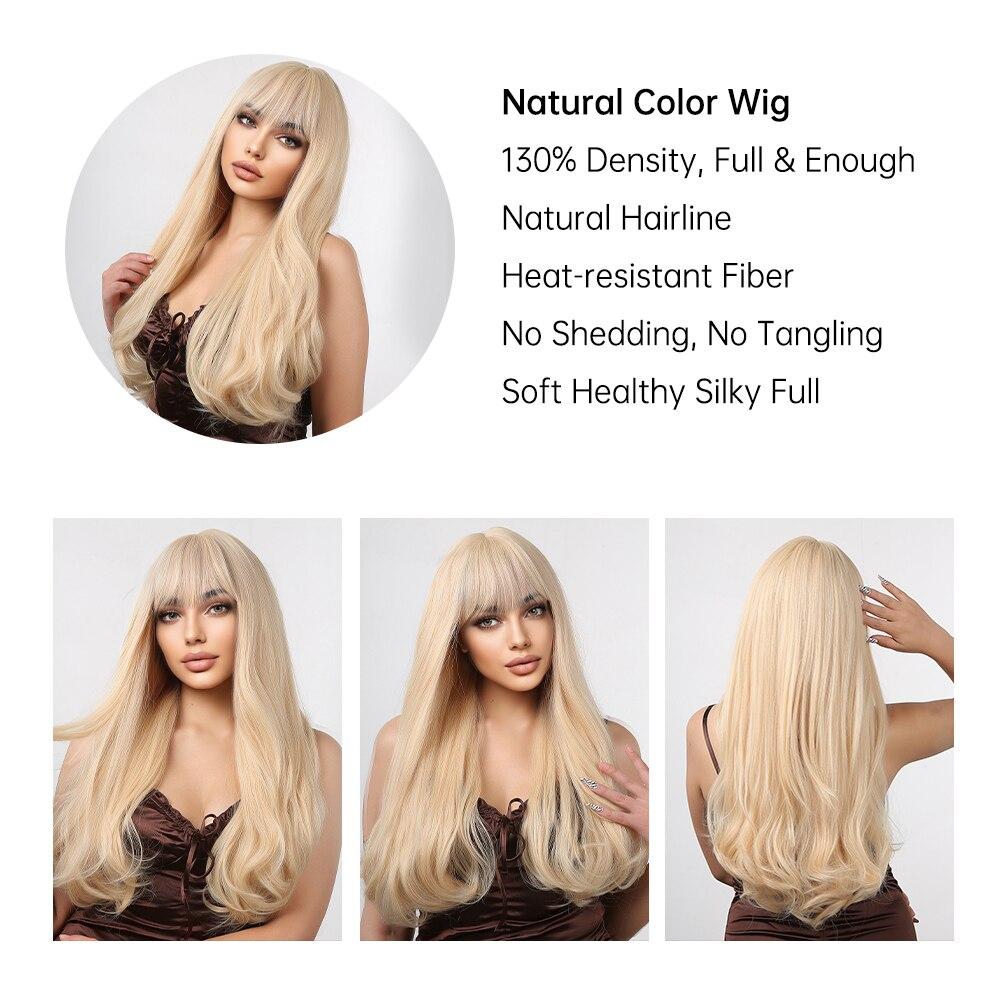 LOUIS FERRE Blonde Long Synthetic Wigs With Bangs Light Blonde Natural Straight Wig for Women Daily Cosplay Heat Resistant Hair