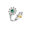 Women's Rotating Daisy Bee Zircon Ring Adjustable Size Silver Green Jewelry Gift Box