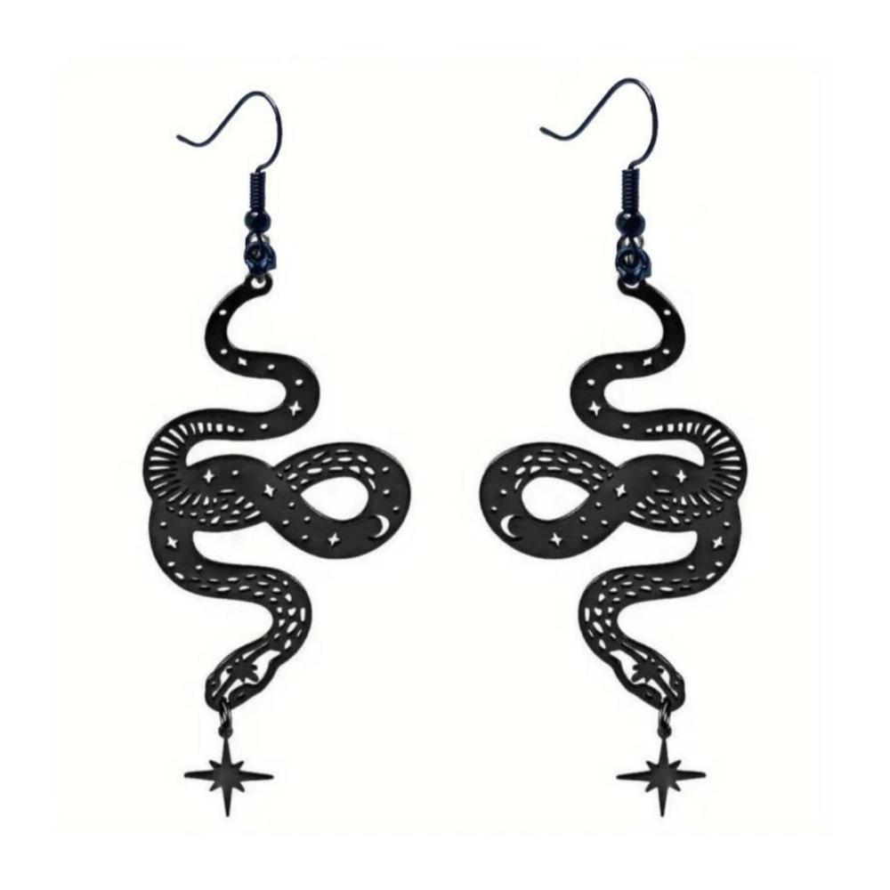 Retro Personality Black Stainless Steel Hollowed-out Pattern Snake Pendant Dangle Earrings for Women Street Hip-hop Jewelry Gift