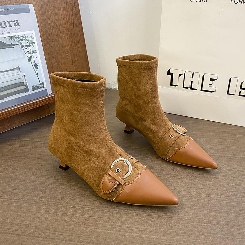 Ghete scurte subțiri cu toc pisoi franțuzesc cu vârf ascuțit, pantofi de damă 2025 toamnă și iarnă, temperament nou, toc înalt, botine până la gleznă