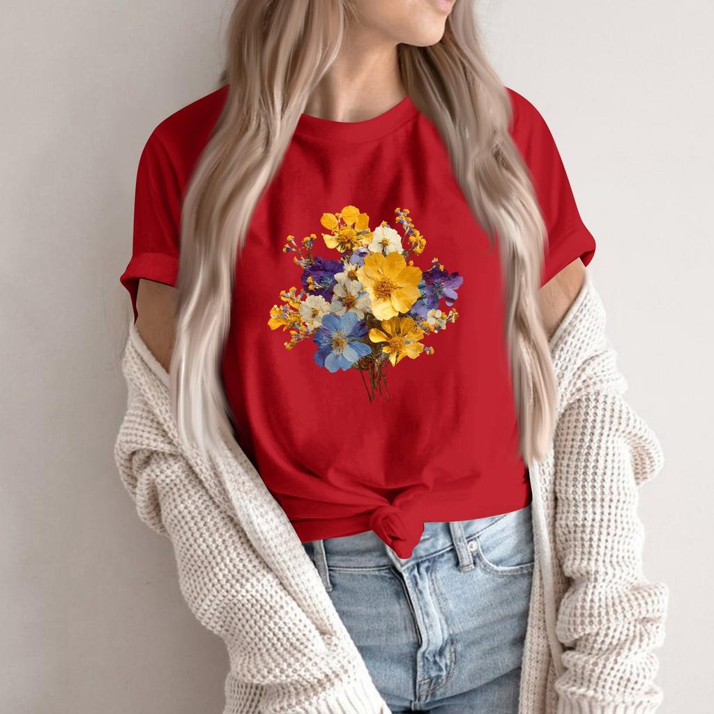Women's Fashion Casual Printed Round Neck Short Sleeved Pullover T-Shirt Top
