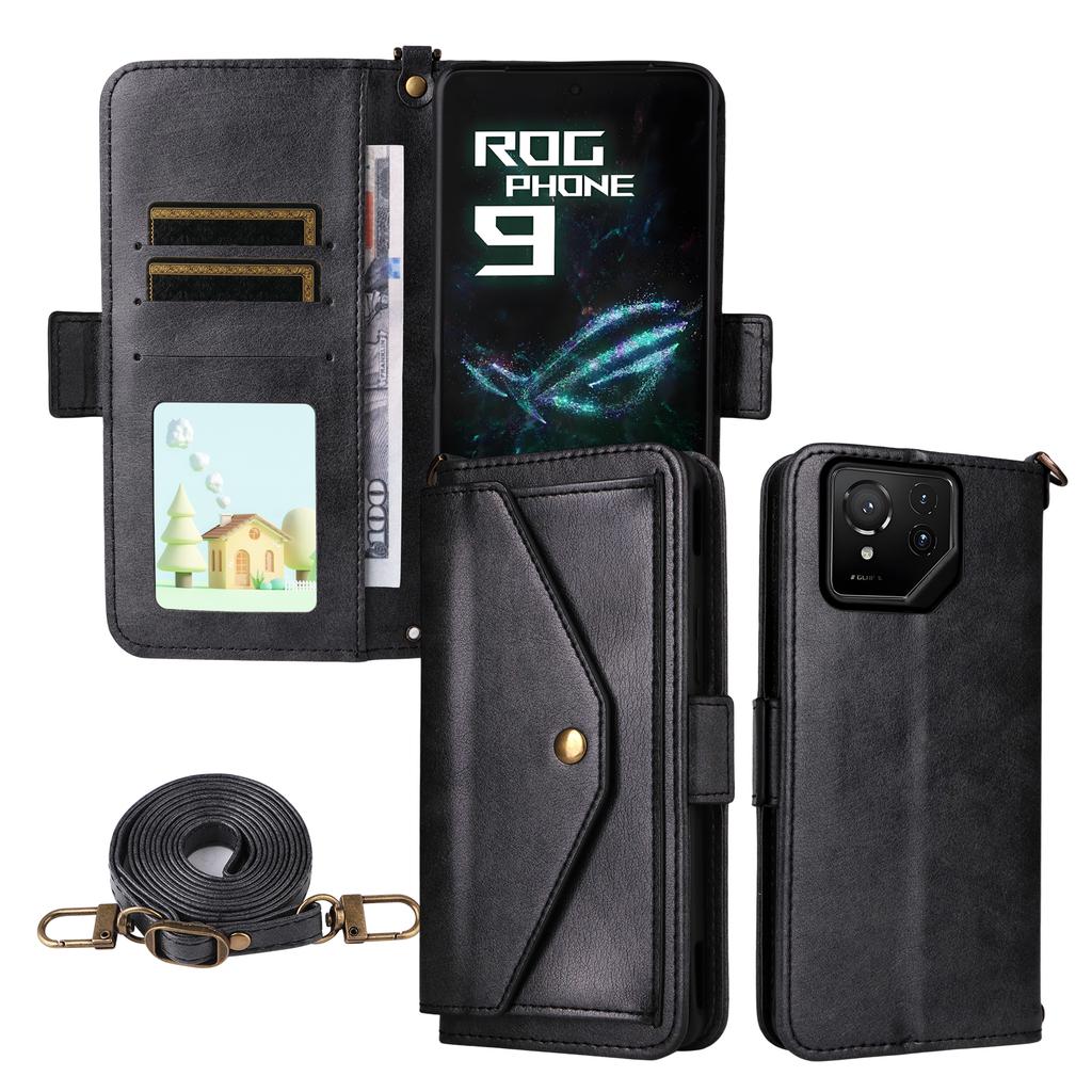 For Asus ROG Phone 9 5G/9 Pro 5G Leather Case Magnetic Closure Wallet Stand Phone Cover with Crossbody Strap