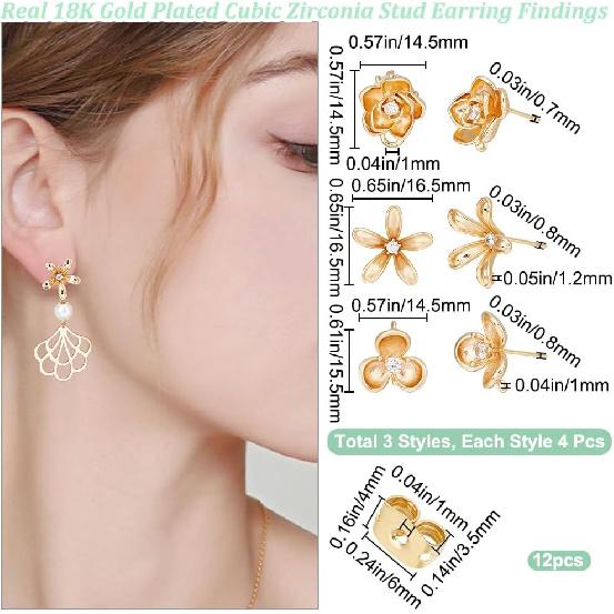 Beebeecraft 12Pcs 2 Styles Flower Stud Earring Findings 18K Gold Plated Cubic Zirconia Sakura Post Earring Findings Peach Blossom Shape for Spring