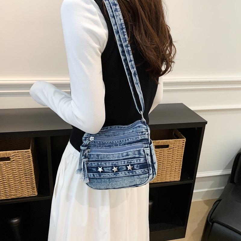 Womens Denim Crossbody Bag Casual Small Shoulder Purse Multi Zipper Handbag for Daily Use