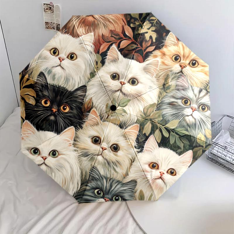 Persian Cat and Plant pattern, automatic folding umbrella, portable and foldable design, 8 ribs, a Christmas or birthday gift.