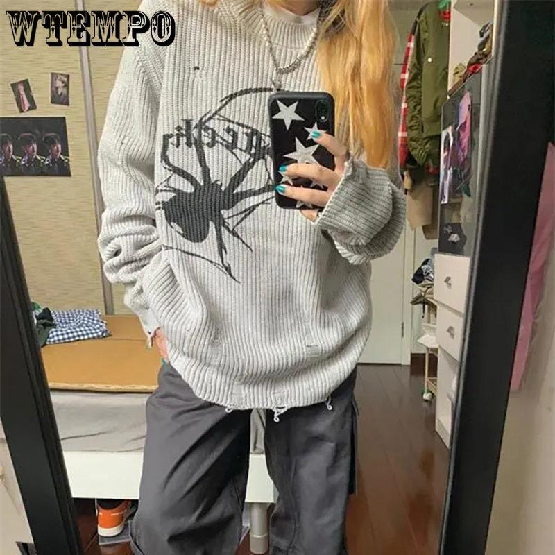 WTEMPO Spider Printed Harajuku Grey Sweater Women Gothic Vintage Ripped Grunge Y2K Jumper Streetwear Korean Casual Hiphop Pullover