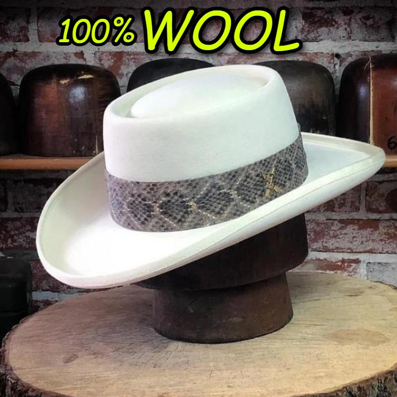 Yiran Dayang Hat Men's Western Wild Style Wool Top Hat Outdoors Pure Wool Cowboy Panama Hat Fashion Dome Ribbon Decorated Gentleman Cycling Sun Hat 58Cm