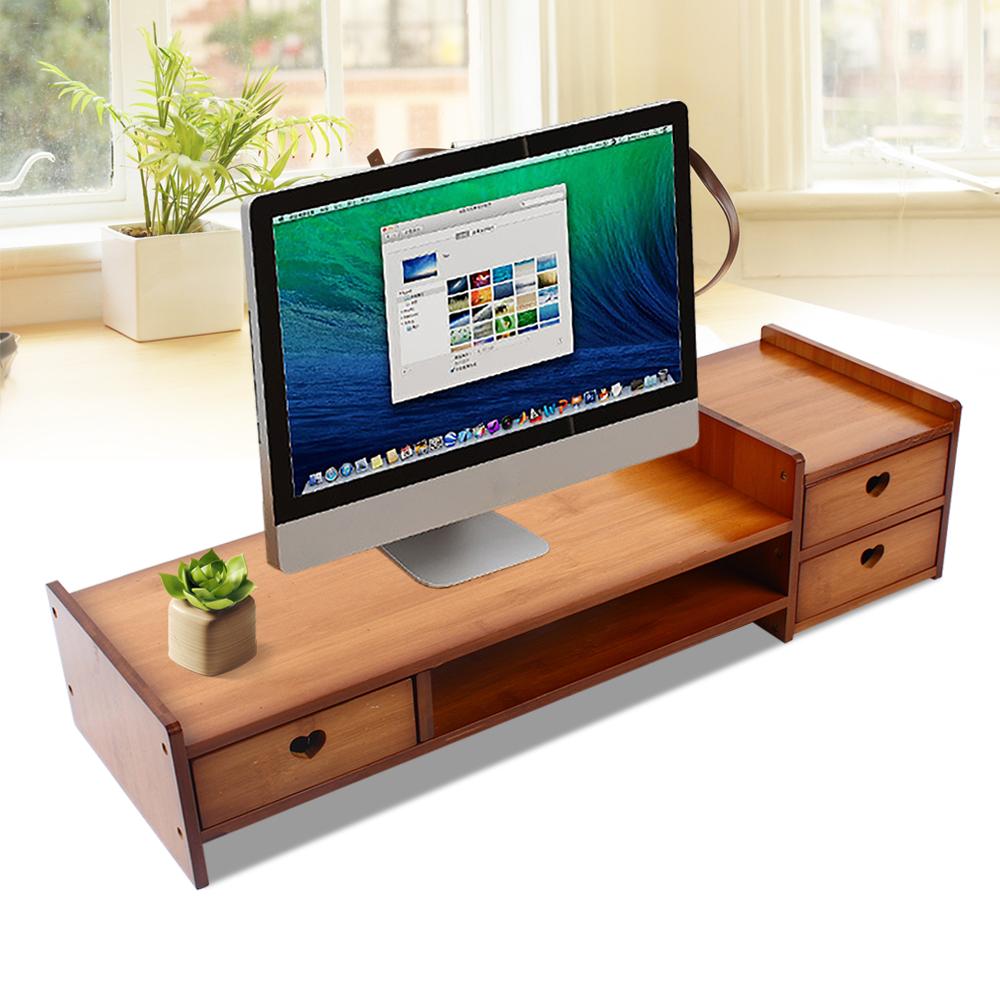 3-Tier Bamboo Monitor Riser Stand with Drawers, 69x23x17cm Large Desktop Organizer, 50kg Weight Capacity, Ergonomic Office Shelf