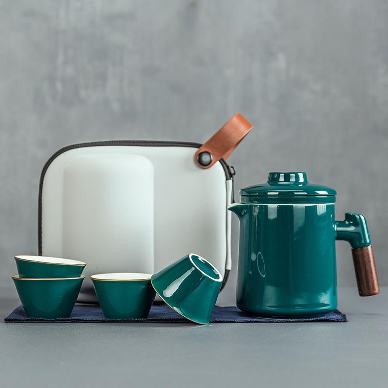 Portable ceramic one pot four cups travel tea set portable tea pot tea cup small set business gift express cup