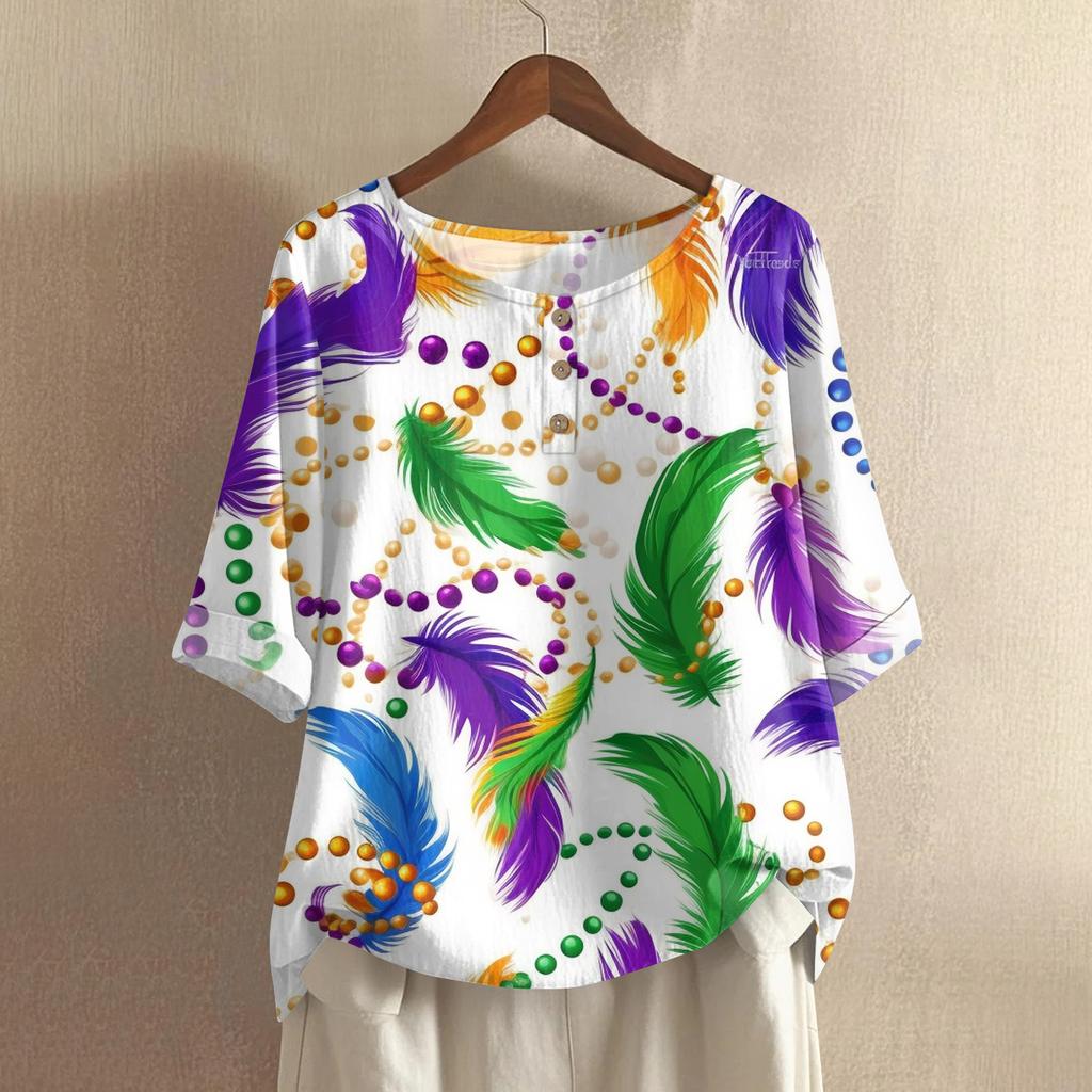 Women's Fashionable And Casual Shirt 3/4 Sleeve Round Neck Print Blouse Top