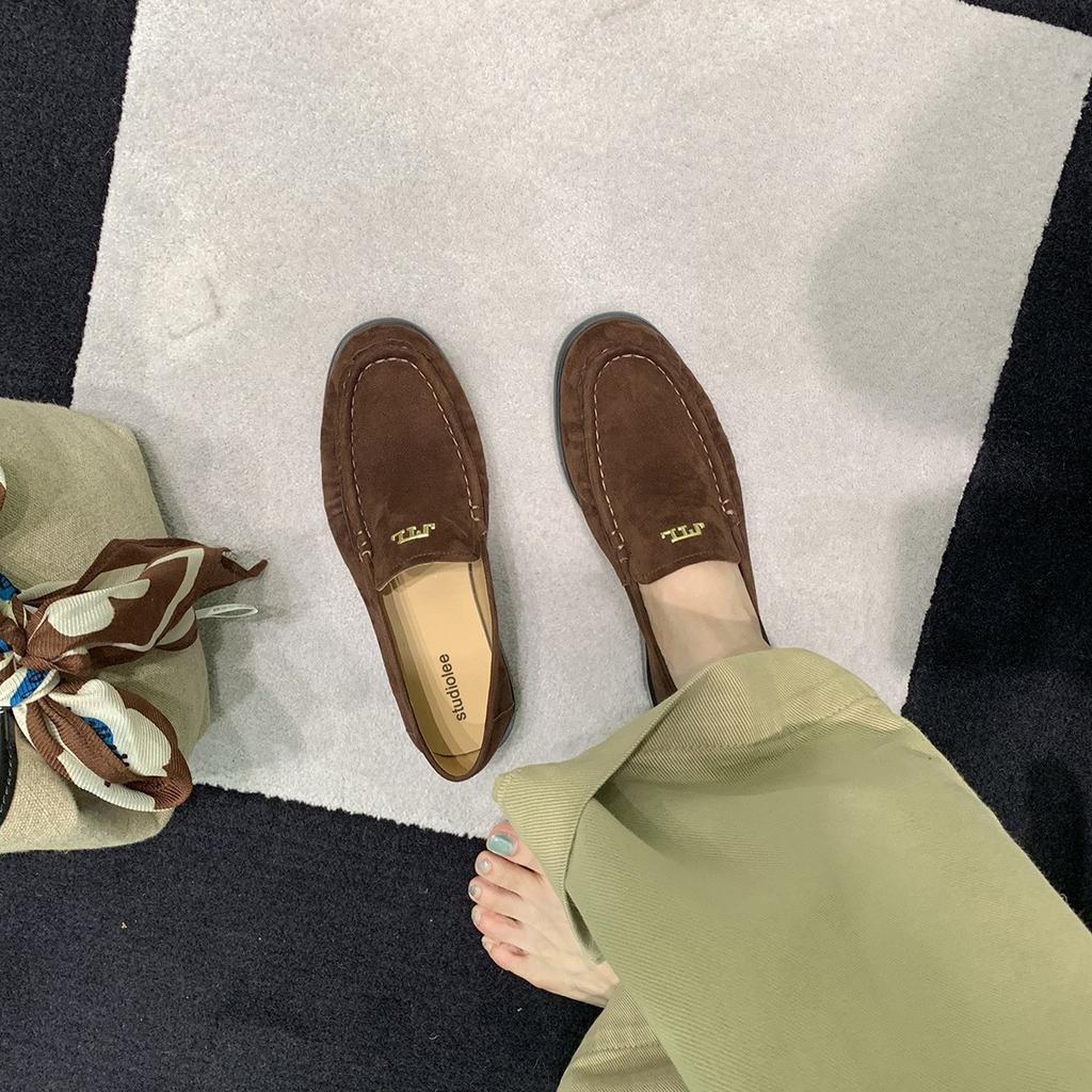 Cowhide version~ round head metal pleated leather loafers women's autumn and winter one-pedal lazy commuting versatile small leather shoes