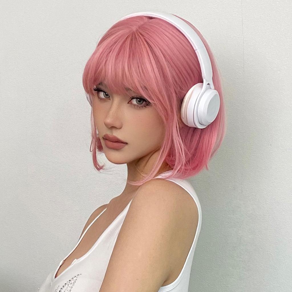 Short Straight Bob Synthetic Wigs Pink Natural Hair Wig with Bangs for Women Cosplay Cute Wig Heat Resistant Fiber