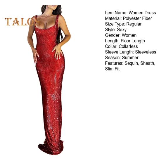 Damska wieczorowa sukienka z głębokim dekoltem, cekinowa, bez rękawów, do ziemi, dopasowana, jednokolorowa, maxi, sukienka na bal, bankiet, wesele, sukienka typu tuba