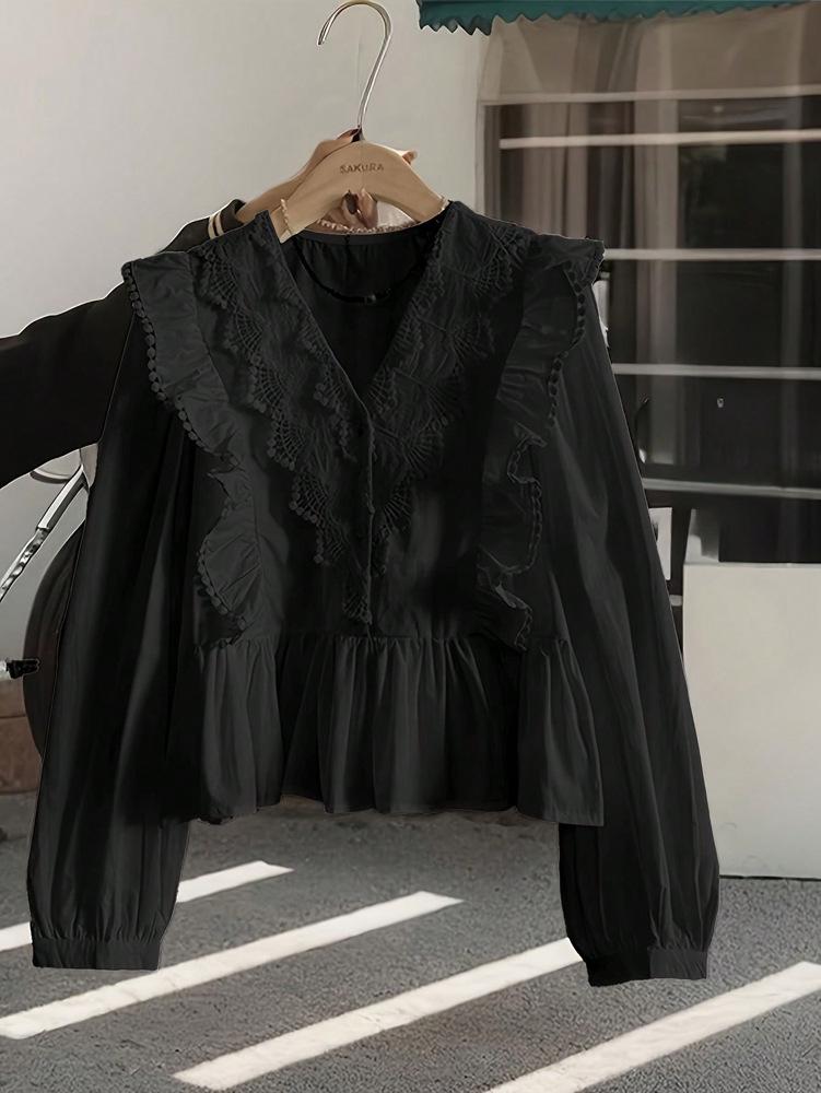 2026 Autumn Women's Casual Lace Patchwork Ruffle Long Sleeve Top