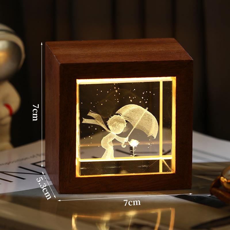 3D Galaxy Crystal Cube Night Light with Wooden Base - Illuminated Desktop Ornament, Perfect Birthday Gift