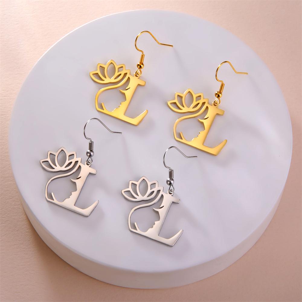 My Shape Beauty Flower Letter Drop Earrings for Women A-Z Alphabet Initials Lotus Stainless Steel Fashion Jewelry Kids Female