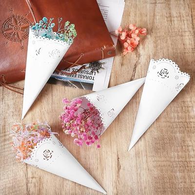 50 Pcs White Paper Tapers Wedding Confetti Cones Hollow Print Cone for Party Petal Small Bouquet White Paper Cones for Candy Buffet