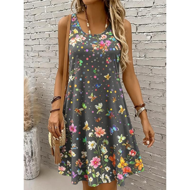 Women's Round Neck Sleeveless Tropical Parrot Print Casual A-Line Mini Dress, Fun Tank Dresses for Spring & Summer