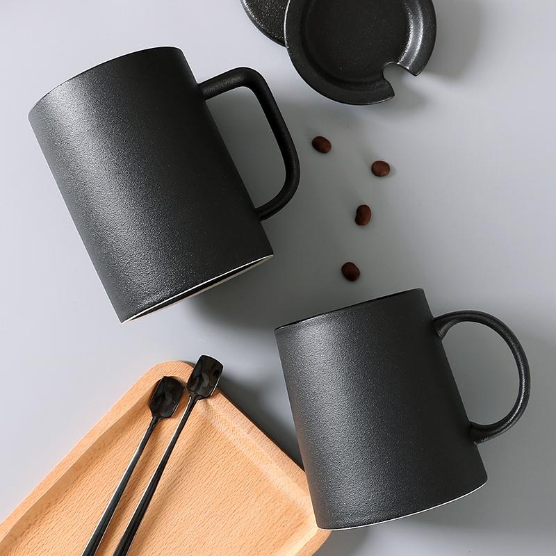 Retro Style Personalized Frosted Ceramic Mug Japanese Home Black Breakfast Cup with Lid and Spoon Office Mugs