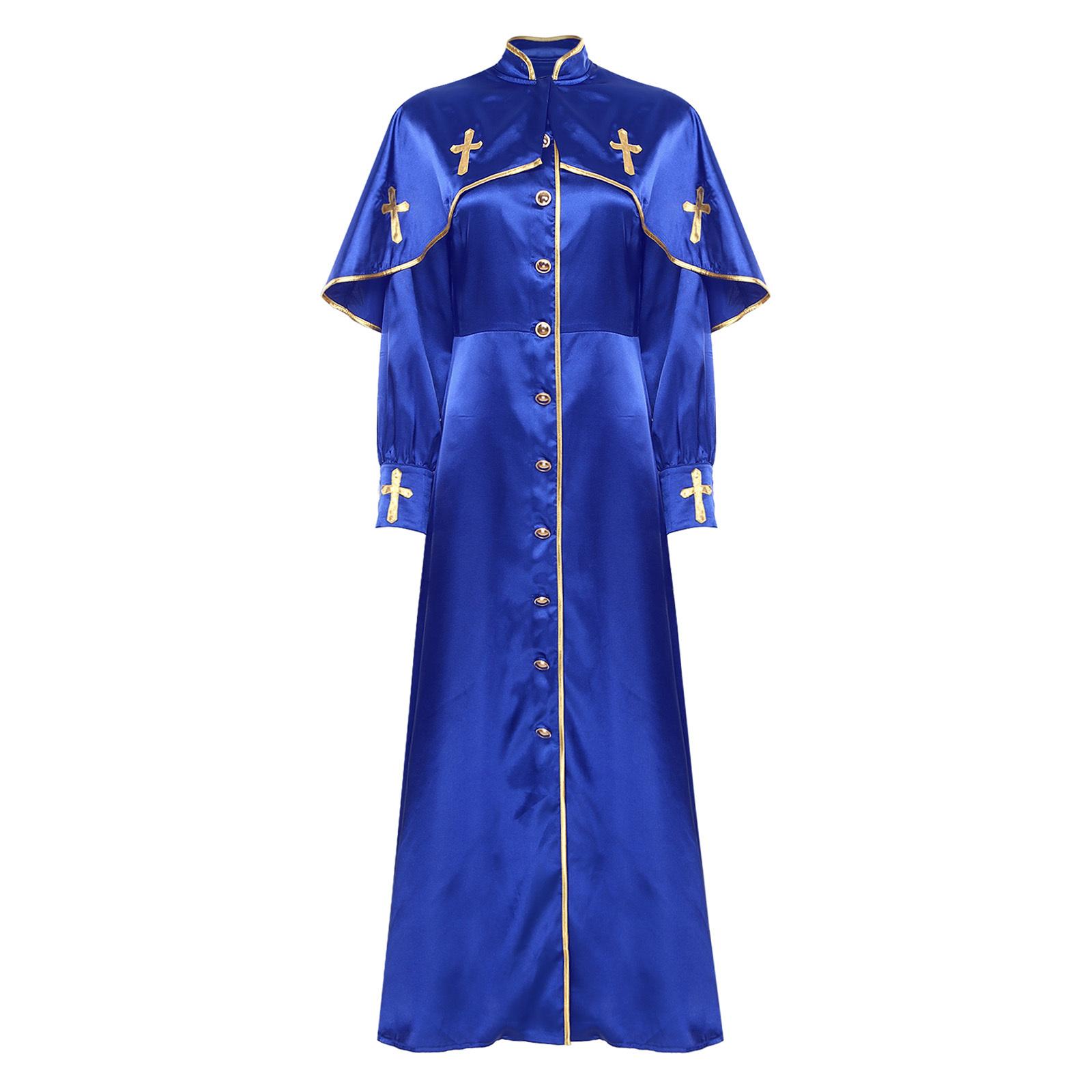 

Женское церковное хоровое облачение с металлизированной отделкой, воротником-стойкой, длинными рукавами, застежкой на пуговицы спереди, свободного кроя, концертное платье S