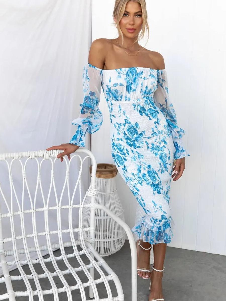 

Sexy Printed One-Shoulder Long Sleeve Bodycon Elastic Waist Dress S синій
