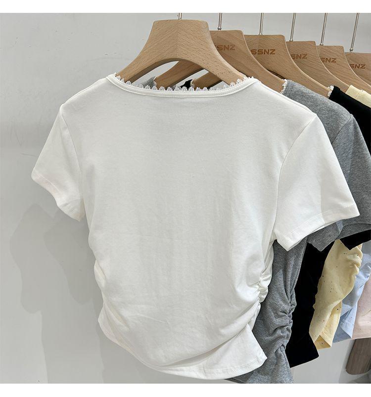 Women's Summer 2025 Pleated Lace Bow Short Sleeve T-Shirt