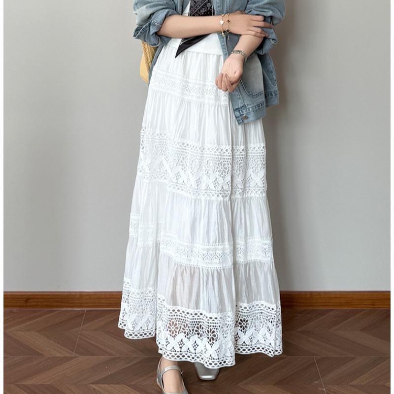 Dimanaf Jupes d'été 2025 pour femmes, nouvelles jupes en dentelle florale, vintage, élastiques, plissées, élégantes, blanches, taille haute