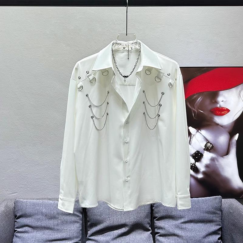 Męska Koszula z Długim Rękawem, zapinana na guziki, z Metalowym Pierścieniem i Detalem Łańcuszka, Casualowa, Streetwear
