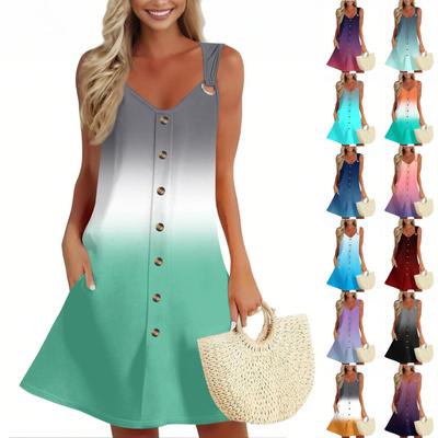 Women's Summer Dress With Pocket Sleeveless Spring Gradient Print Sundress