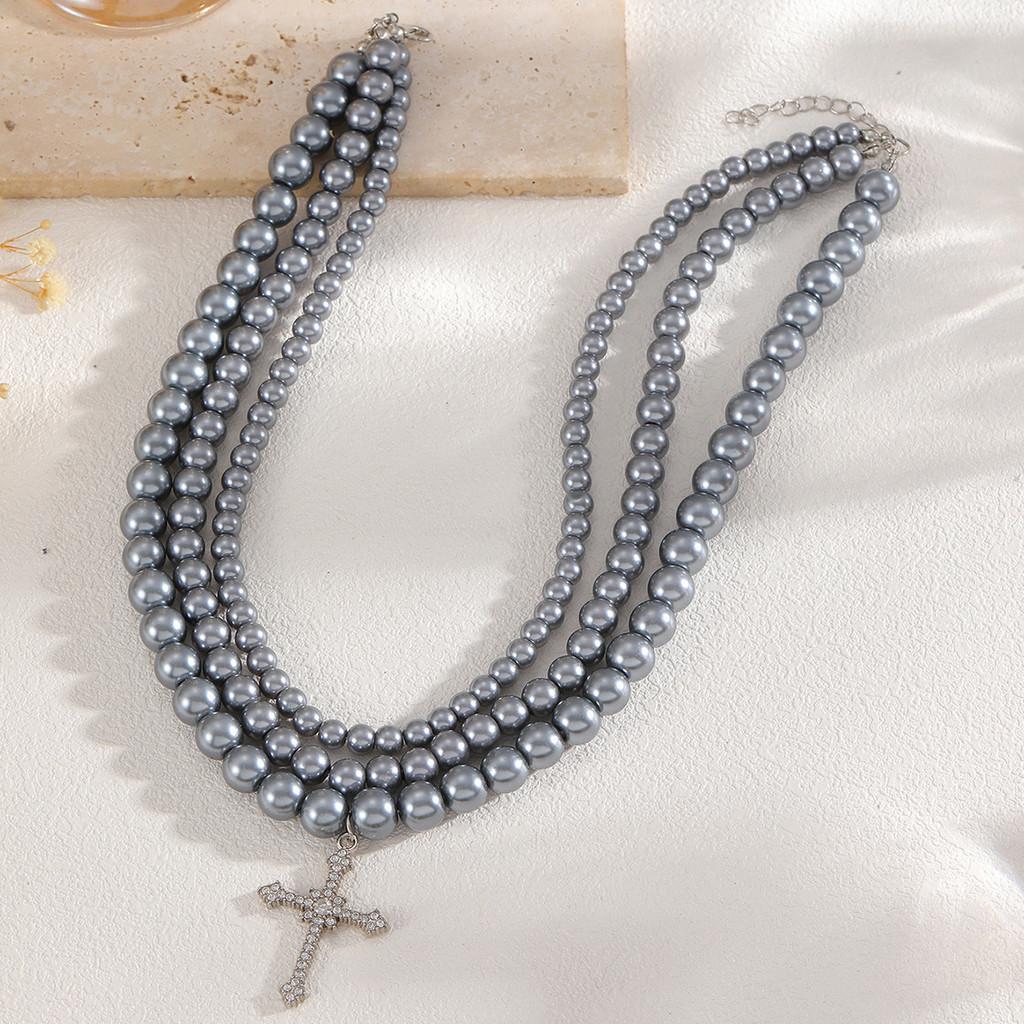 Cross Pendant Beaded Necklace With Geometric Style Handmade Chain For Men And Women