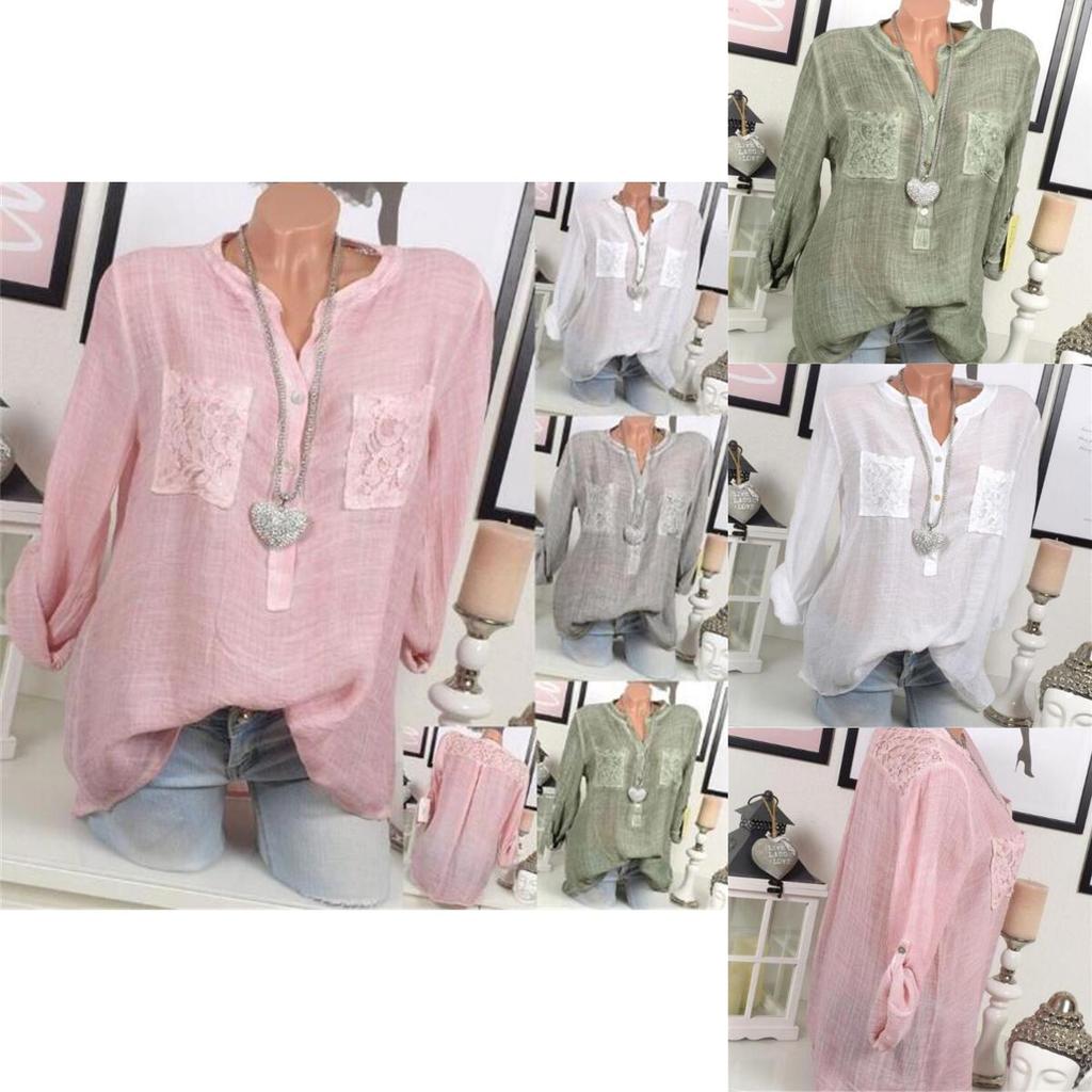 Chic Lace Shirt Autumn Women V-neck Long Blouse Loose Plus Size Sleeve S-5xl