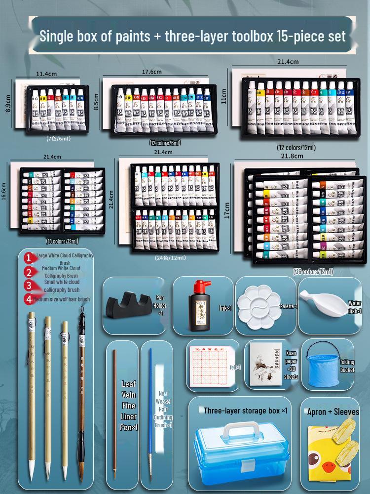 Čínské malířské pigmenty: 12 barev pro začátečníky v kaligrafii a sada 24 barev pro malbu Gongbi pro studenty a děti